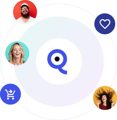 LupaSearch values graphic showing the message 'We care deeply about the quality of our work' with the LupaSearch logo surrounded by customer photos and icons, alongside pillars like AI-first innovation, agile and responsive, customer-centric design, and enterprise-grade tech