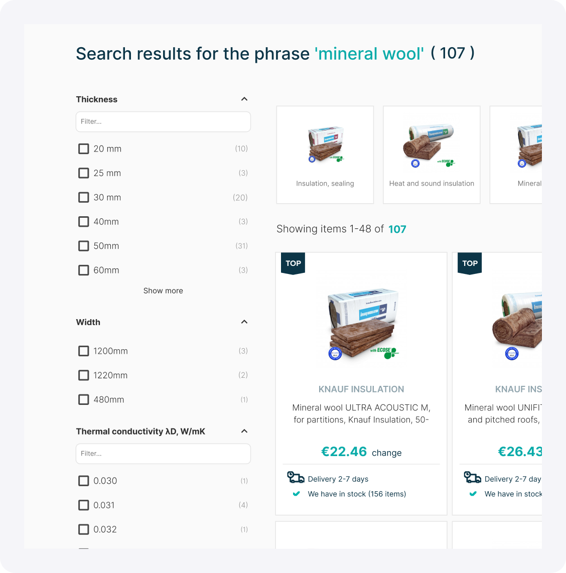 Dynamic faceted navigation in site search results (mineral wool) Search results for ‘mineral wool’ showing dynamic faceted navigation filters like thickness, width, and thermal conductivity
