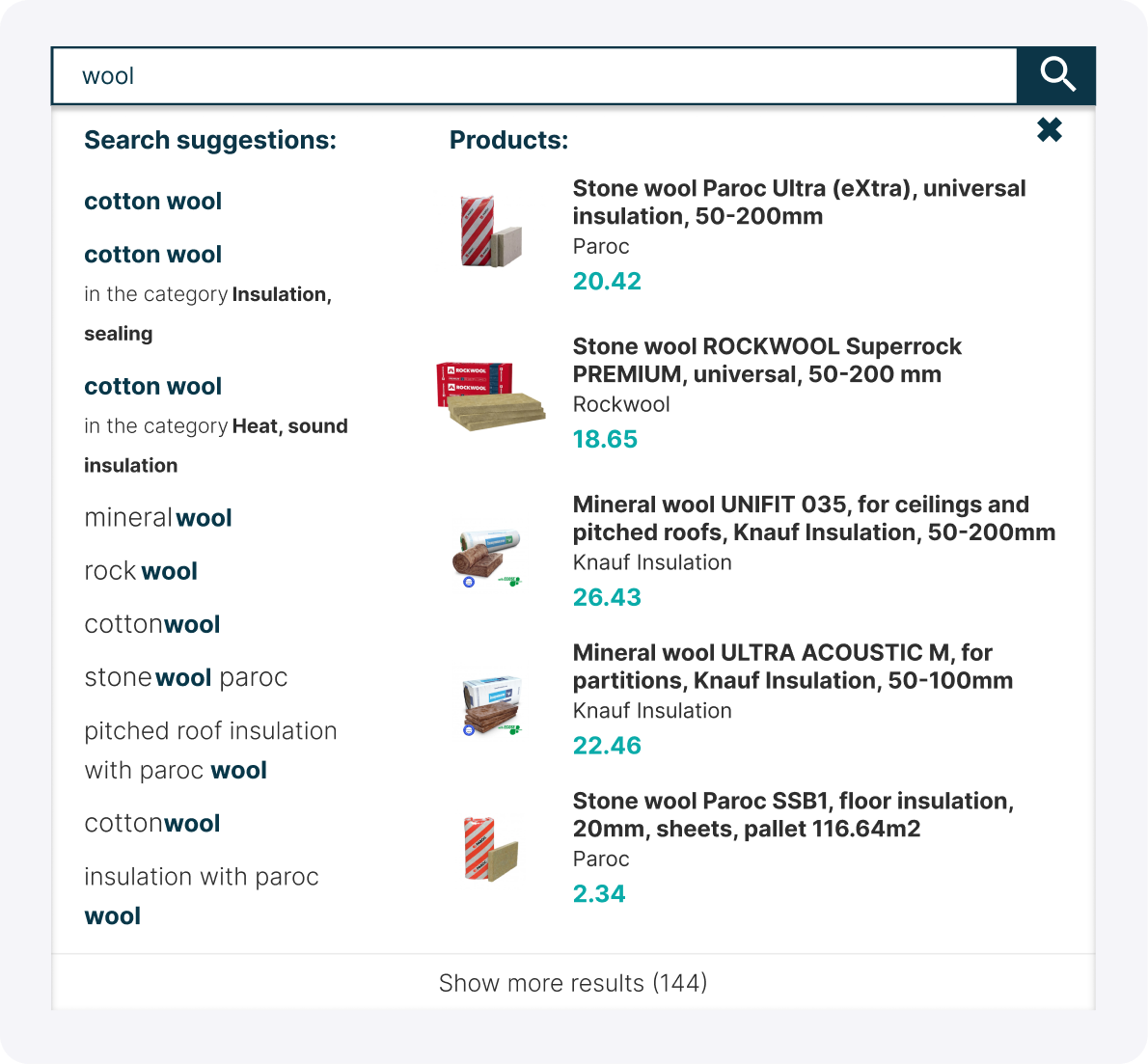 Proactive autocomplete and semantic search suggestions (Lemora.it) Search-as-you-type autocomplete showing semantic suggestions and product results for ‘wool’ in Lemora.it site search.