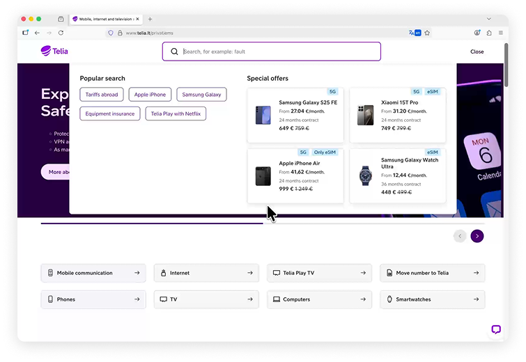 AI-powered telecom search improving customer support and ecommerce discovery for Telia AI-driven search interface on Telia website showing telecom products and support results in real time.