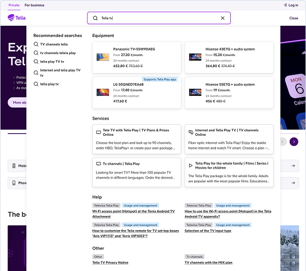 Unified indexing for telecom: combining ecommerce and support search into one AI-driven experience. AI-powered search merging ecommerce and customer support content for a telecommunications website.