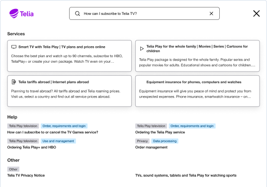 AI-driven support search reducing telecom support tickets through self-service. Telecom customer support search interface enabling self-service answers through AI-driven search.